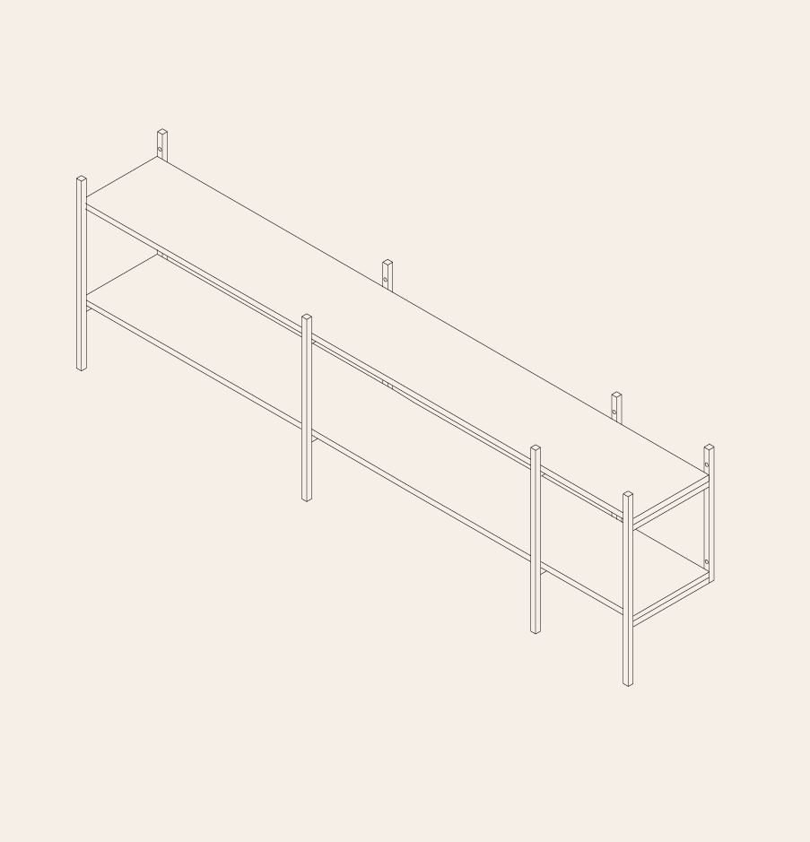 en ritning av en off-white hylla i måtten 201x67cm